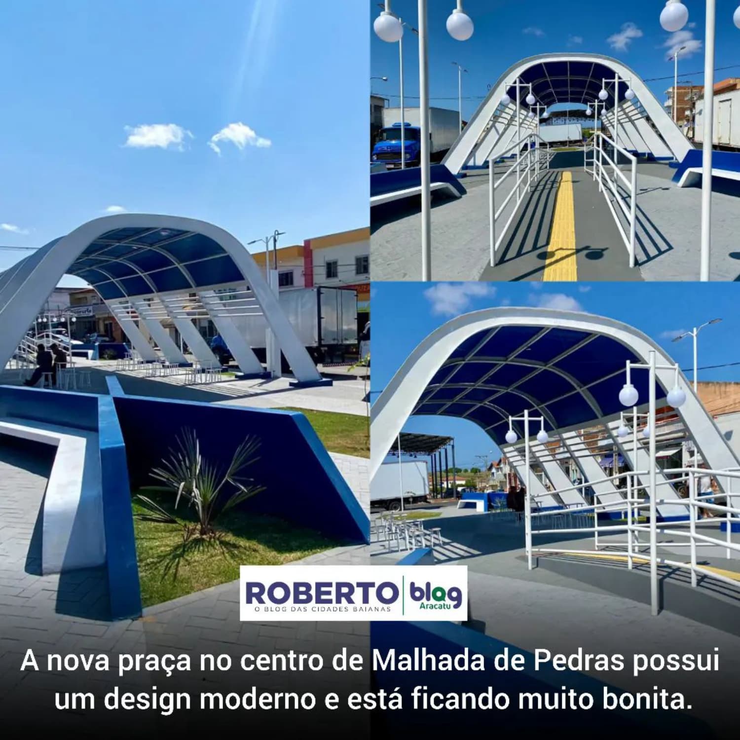 A nova praça no centro de Malhada de Pedras possui um design moderno e está ficando muito bonita.